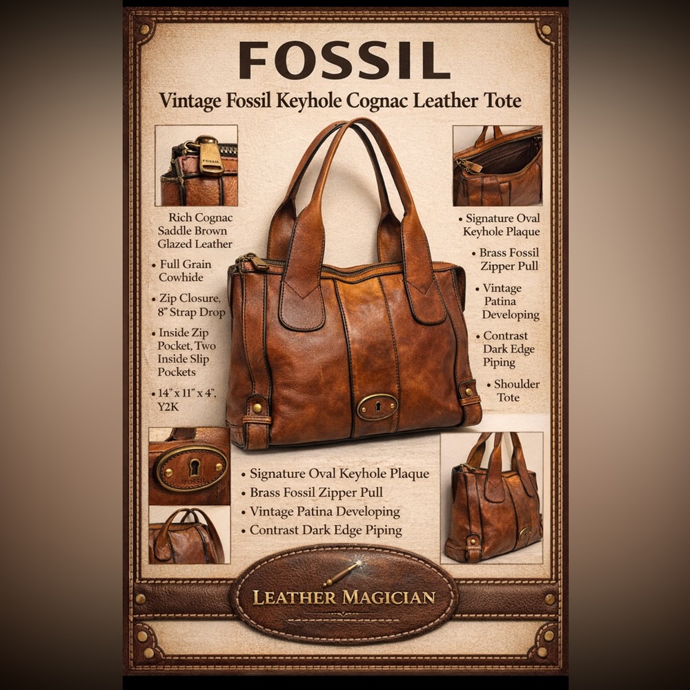 Vintage Fossil Keyhole Cognac Full Grain Leather Tote Y2K Zip Shoulder Bag 14x11